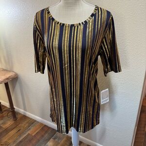 LuLaRoe - Gigi - Gold and Blue Striped Short Sleeve Top - Size XL - NWT